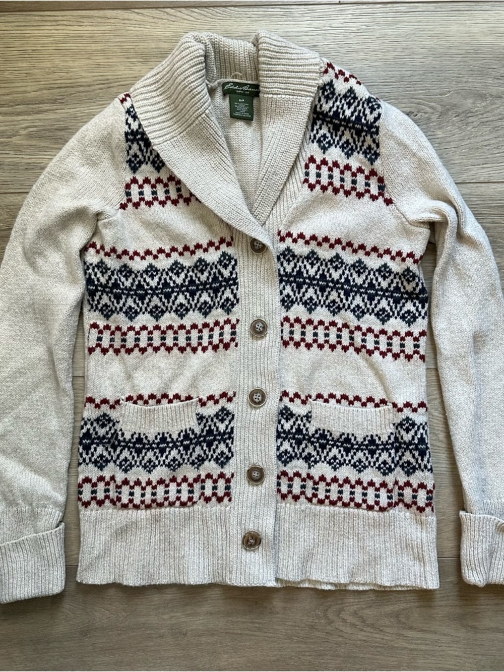 Eddie Bauer Cream Shawl Collar Fair Isle Cardigan with Navy & Burgundy